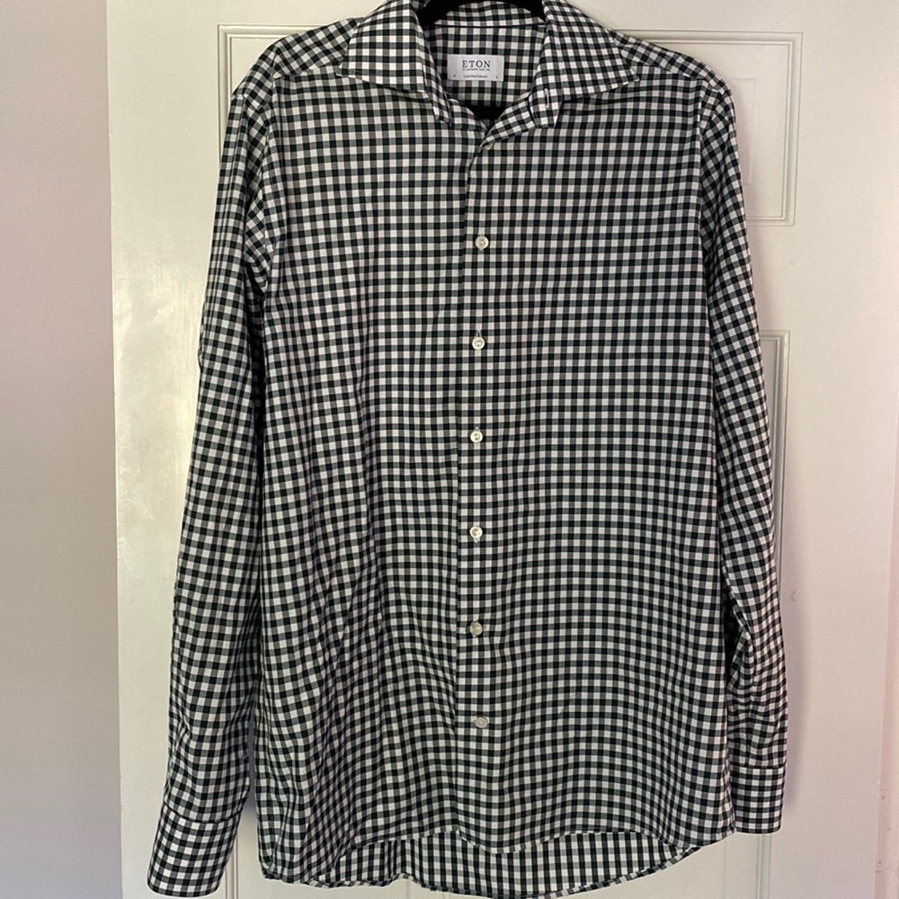 Eton Dark Green and White Gingham Dress Shirt